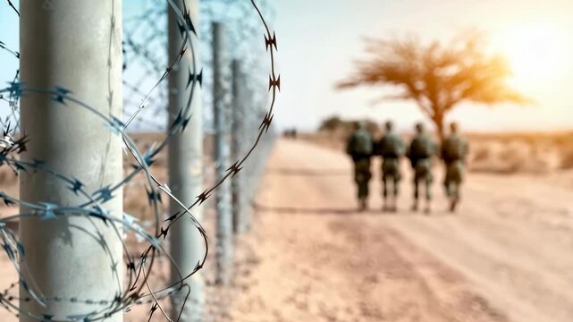 Soldiers patrolling desert border near barbed wire