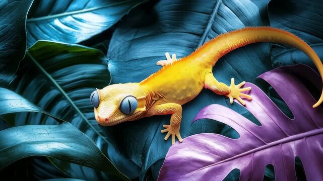 Bright orange gecko on colorful tropical leaves