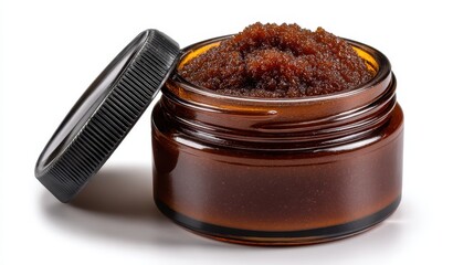 Open jar of rich brown exfoliating scrub with a textured black lid on a white background