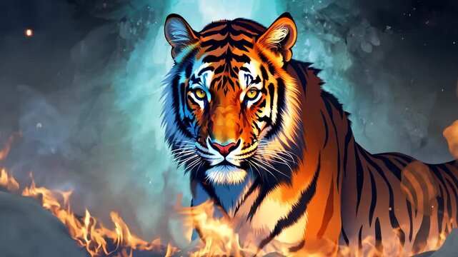 A powerful tiger emerges from a fiery inferno, its intense gaze fixed forward, surrounded by smoke and embers