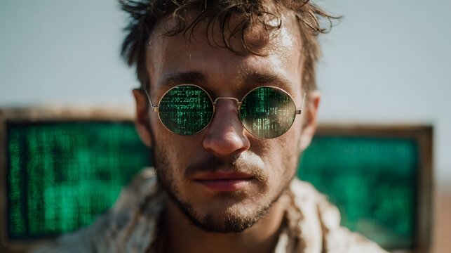 Man with round glasses reflecting green digital code with a futuristic screen in golden light