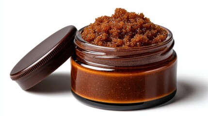 A small glass jar filled with a rich brown granular scrub or balm with its lid open beside it