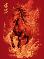A majestic red fiery horse galloping through flames, traditional Chinese art style, golden accents, red background, dynamic movement, powerful expression