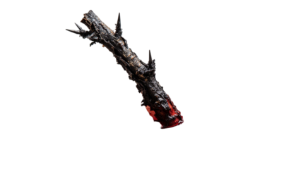 PNG of A dark, jagged stick with crimson-red details, creating a striking contrast against a black background.