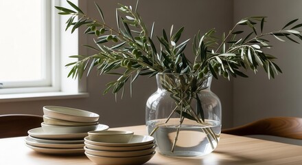 Elegant Still Life Arrangement Depicting Olive Branches in a Glass Vase on a Wooden Table