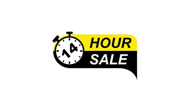 14 Hour Sale Stopwatch Timer Icon With Yellow and Black Speech Bubble On White Background Keywords: 14 hour sale, hours, timer, stopwatch, clock, time, limited time, offer, deal