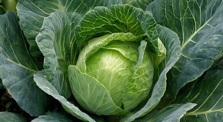 Fototapeta premium A fresh green cabbage head surrounded by large dark green leaves in a garden. Natural light highlights the texture and layers of the leaves.