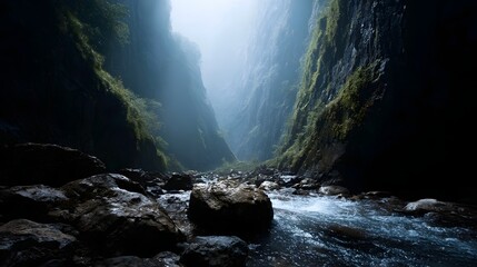 A majestic river flows through a deep mist filled gorge with towering moss covered cliffs