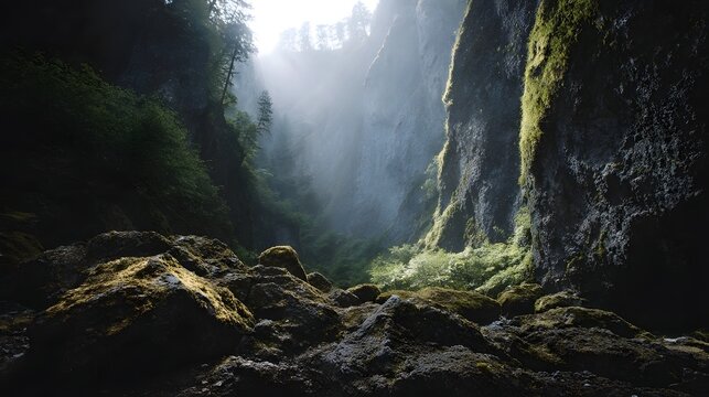 Majestic sunlit gorge with moss covered cliffs and rocky foreground - Powered by Adobe