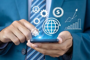 Businessman uses smartphone to interact with digital global business growth and financial analytics interface