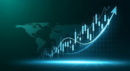 Global financial growth and market trends displayed on a digital world map