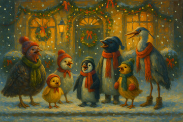 Impressionist Christmas card of a turkey chick penguin heron and other birds singing carols on a snowy porch before a warmly lit house with wreaths garlands and glowing windows in a festive scene