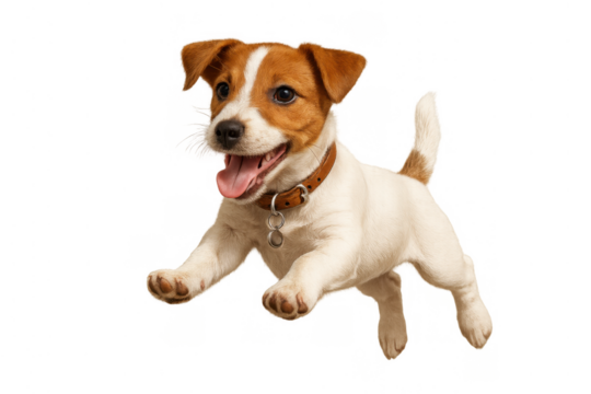 Jack russell terrier puppy cheerfully jumping, a happy animated pet on a transparent background