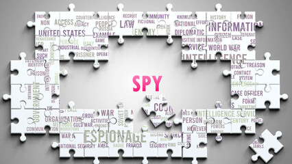 Spy as a complex subject, related to important topics. Pictured as a puzzle and a word cloud made of most important ideas and phrases related to spy. ,3d illustration
