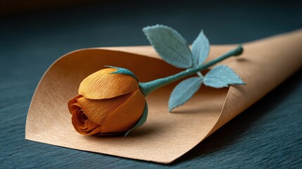 A single dried orange rosebud wrapped in brown paper on a dark background