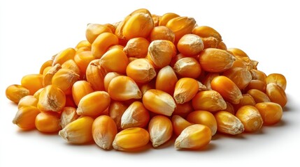 A pile of dried yellow corn kernels for popcorn or animal feed on a white background