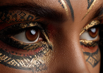 Close-Up of Eyes with Golden Tribal Artistic Makeup
