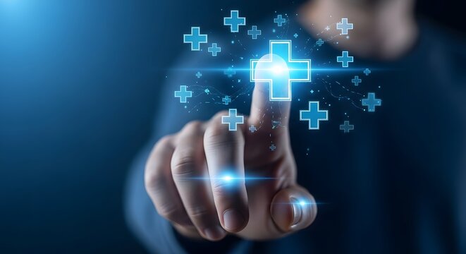 Hand interacting with futuristic digital medical crosses and glowing blue technology interface - Powered by Adobe