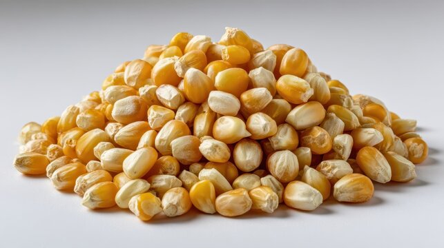 A pile of raw unpopped popcorn kernels on a clean white background - Powered by Adobe