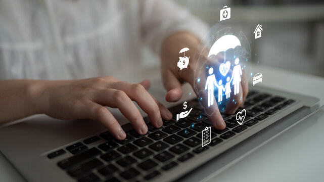 Concept of comprehensive insurance coverage and financial planning. A policy that provides life, health, and asset protection for a family's security and risk management. Fermion