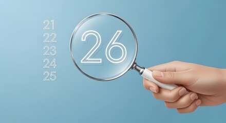 Magnifying glass focuses on the number twenty six against a blue background