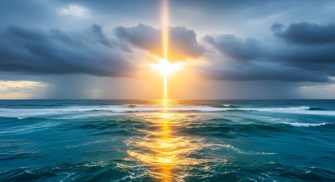 Dramatic sunset over turbulent ocean waves with sunbeams breaking through stormy clouds