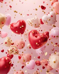 Fototapeta premium Heart-shaped balloons and golden confetti float on a soft pastel background, creating a joyful and elegant celebration mood.