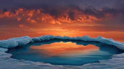 Dramatic sunset reflected in a tranquil pool of water surrounded by ice