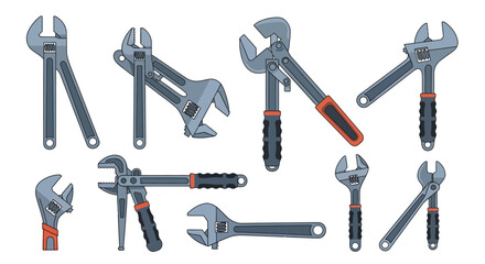 Set of adjustable wrench illustrations various sizes and angles element construction and repair services isolated on white background