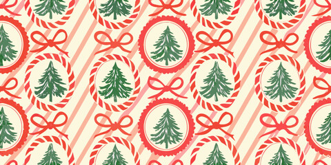 Whimsical christmas tree pattern with candy cane borders and red bows on striped background