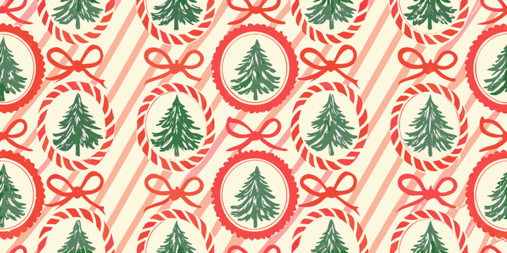 Whimsical christmas tree pattern with candy cane borders and red bows on striped background