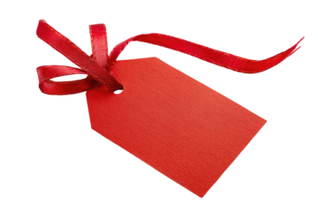 Red tag with a ribbon.  A bright red rectangular tag with a tied red ribbon.  The tag is simple and plain