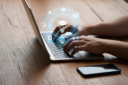 Hands typing on a laptop with digital icons floating above the keyboard