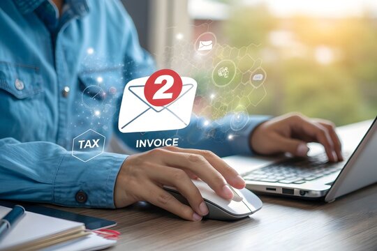 Person using a laptop and mouse with email notifications for taxes and invoices