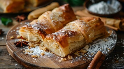 Close up of flaky pastry dessert on a wooden board with cinnamon and powdered sugar sprinkled around