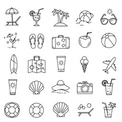 A collection of 25 black line-drawn icons depicting various summer vacation and beach symbols on a white background.