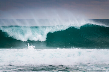 Naklejka premium Big waves season in winter in Nazare, Portugal. Atlantic ocean coast at sunset