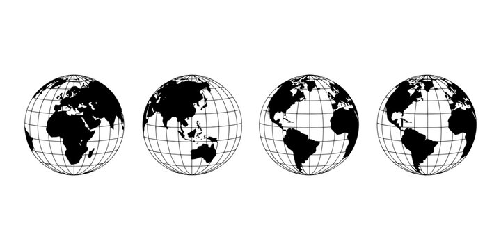 World map globe series displaying continents in oval earth shapes, black and white vector illustration with geographic grid lines for education, travel, and global design concepts