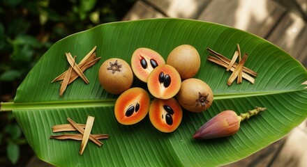 Exotic Sapodilla Fruit Slices Arranged Elegantly On Banana Leaf and Cinnamon Sticks