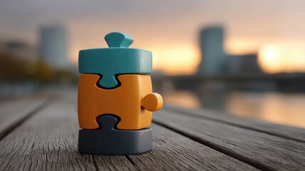 Three colorful puzzle pieces stacked together on a wooden surface with a blurred industrial background at sunset