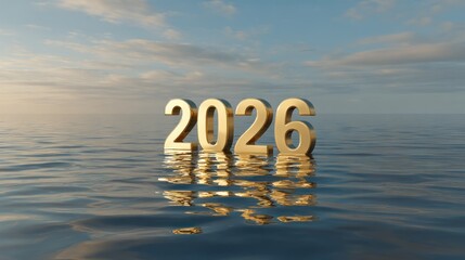 Golden 2026 numbers in ocean water
