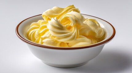 Delicious creamy yellow butter swirled in a white bowl on a light background