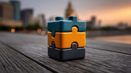 Stack of colorful puzzle pieces assembled together on a wooden surface with city skyline background
