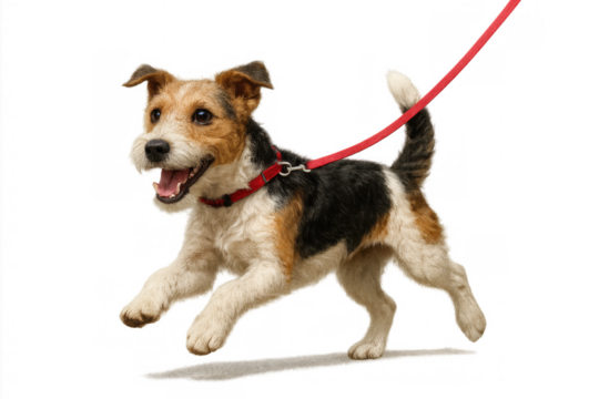 Happy terrier puppy on a leash running, showing excitement and energy with a transparent background