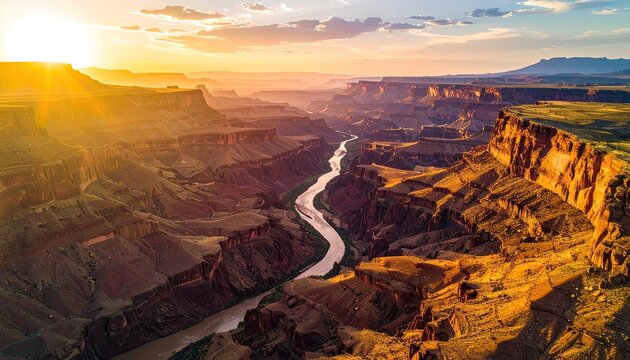 Majestic Canyon River at Golden Hour with Sun Rays Over Arid Landscape