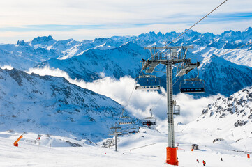 Ski lift in ski resort in winter Alps mountains, France. Three valleys, Val Thorens, France.