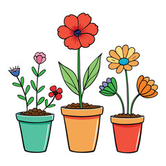 Garden flowers in a pot. Vector color sketch of summer and spring flowers