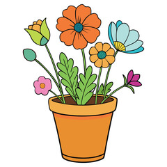 Garden flowers in a pot. Vector color sketch of summer and spring flowers