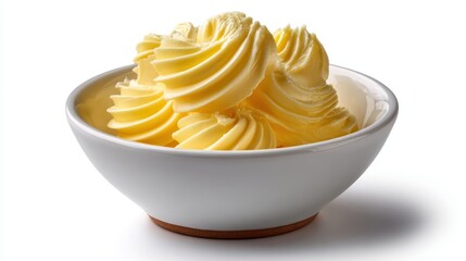 Swirl of rich yellow butter piped into a white bowl against a clean white background
