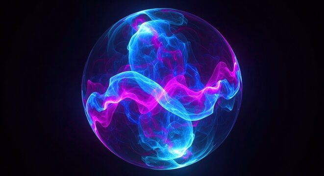 Abstract glowing sphere with swirling blue and pink energy patterns in darkness